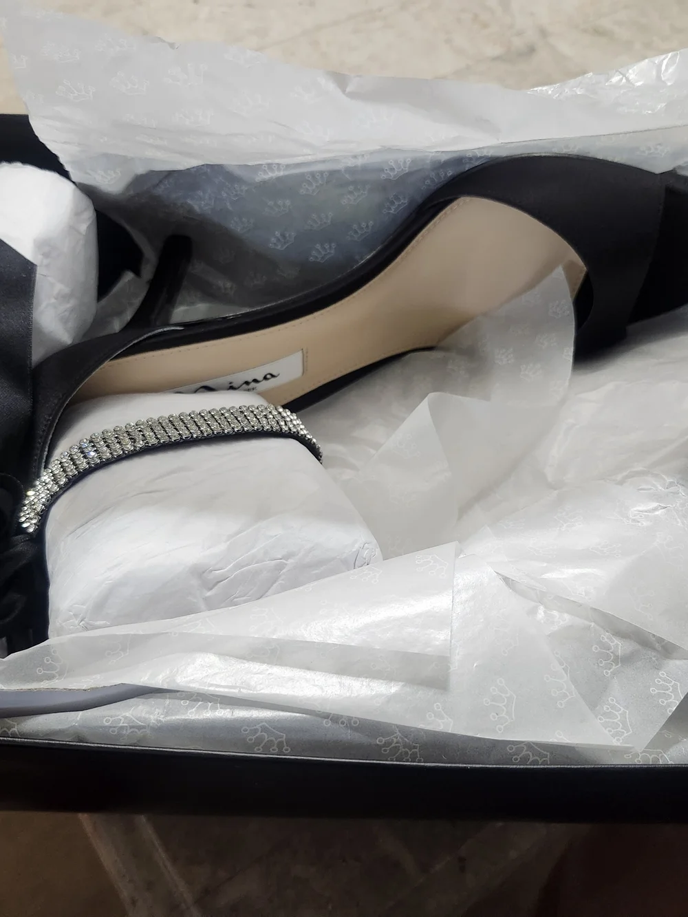 Nina Vinnie-LS  Black Satin Open-Toe Heels with Rinestone Ankle Strap With Bow